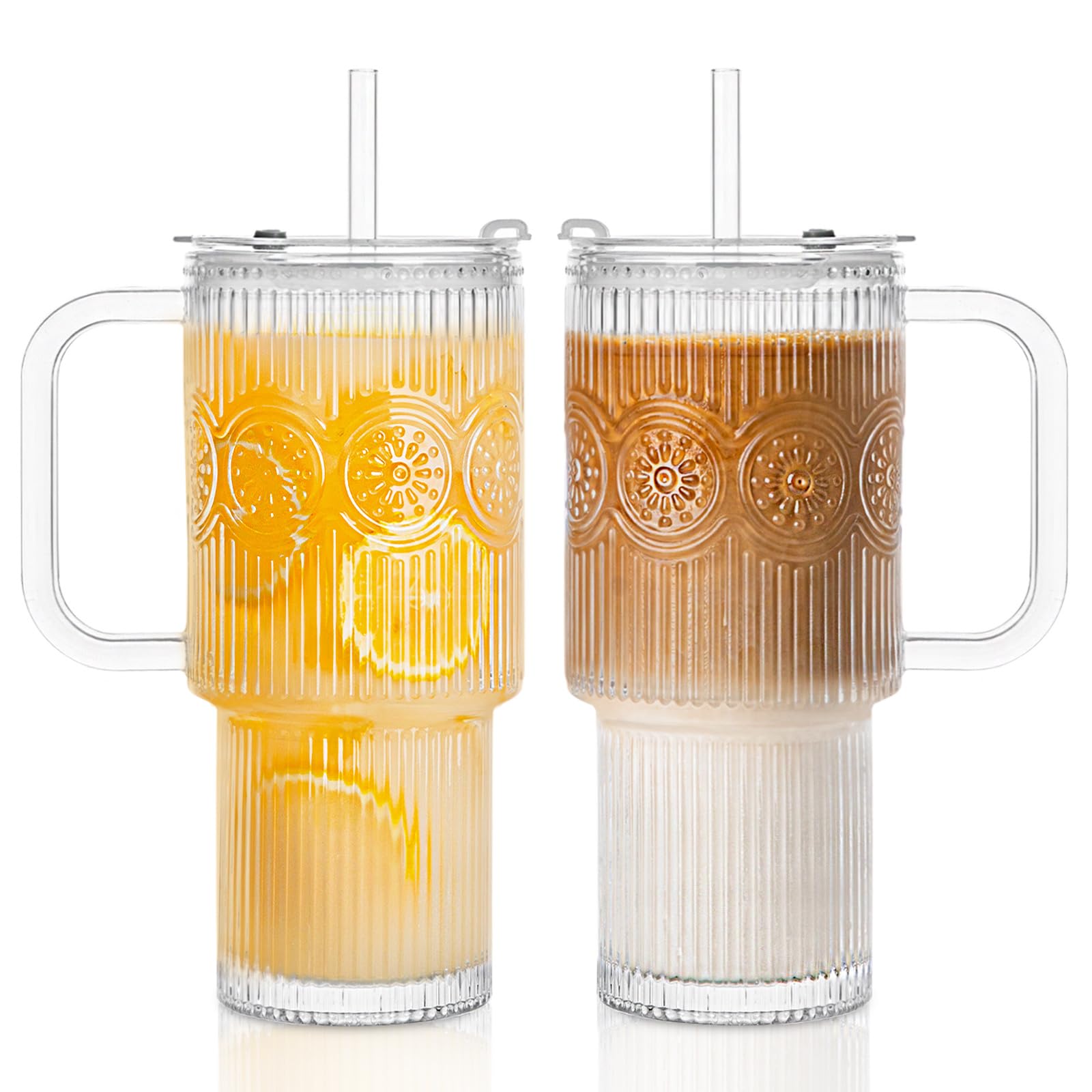 INSETLAN 24oz Ribbed & Floral Glass Tumblers with Handle and Lid, Set of 2 – Reusable Iced Coffee Cups with Straw, Glass Mugs for Water, Smoothies, Tea, and Juice – Ideal for Travel & Daily Use