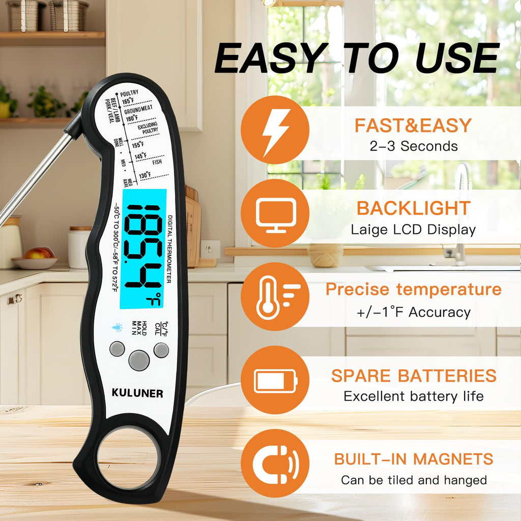 KULUNER Instant Read Food Thermometer, White Waterproof Digital Meat Thermometer with 4.6" Folding Probe, Backlight & Calibration, 2-3s Fast Reading for Kitchen Baking Grilling Cooking - White
