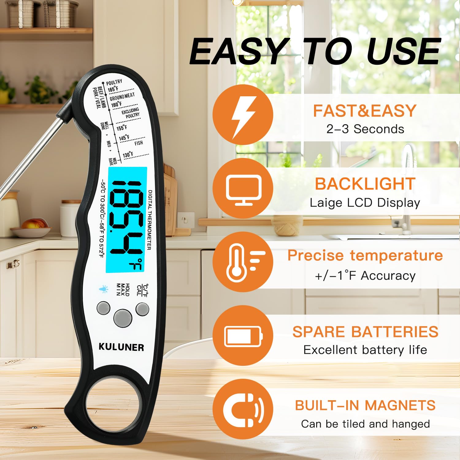 KULUNER Instant Read Food Thermometer, White Waterproof Digital Meat Thermometer with 4.6" Folding Probe, Backlight & Calibration, 2-3s Fast Reading for Kitchen Baking Grilling Cooking - White