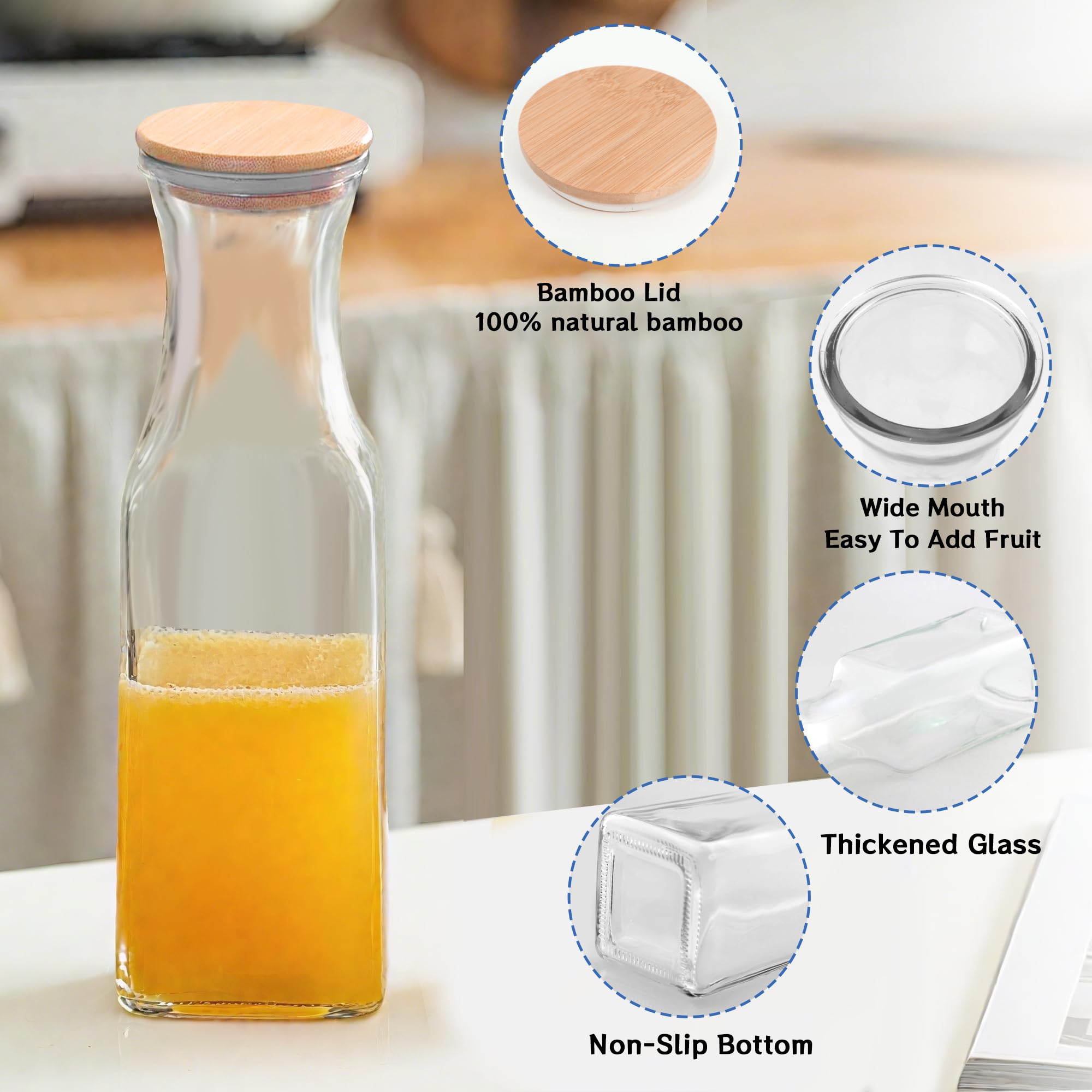 Tinaforld Glass Carafe with Bamboo Lid, Square 35 Oz Beverage Dispensers Carafe, Mimosa Bar Supplies, Round Clear Glass Pitcher with Name Labels for Iced Tea, Coffee, Juice(Set of 6)