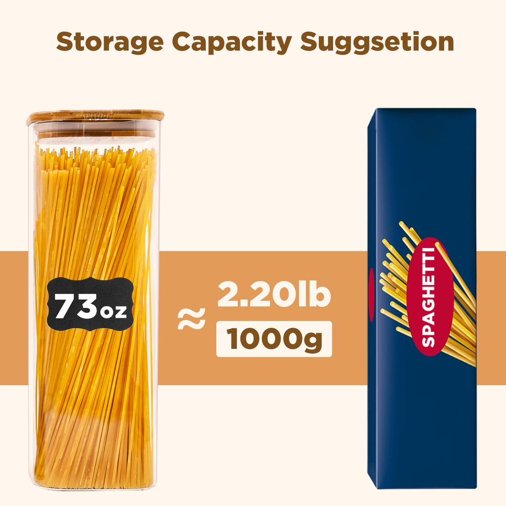 SHOWIN Glass Pasta Storage Jars Square 73oz, 3 Pack Glass Jars With Bamboo Lids, Tall Kitchen Storage Containers For Pasta, Storage For Pantry Organizers