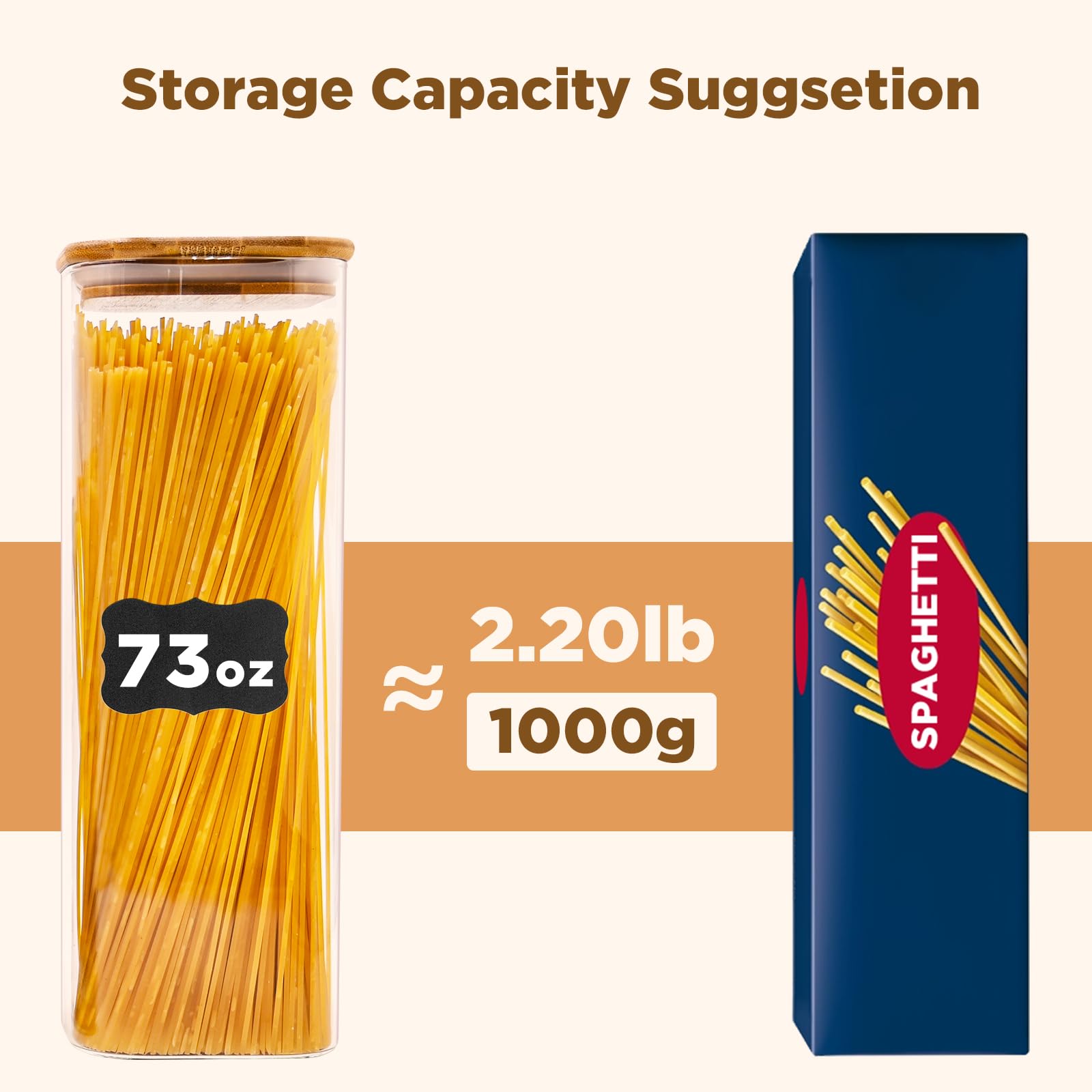 SHOWIN Glass Pasta Storage Jars Square 73oz, 3 Pack Glass Jars With Bamboo Lids, Tall Kitchen Storage Containers For Pasta, Storage For Pantry Organizers