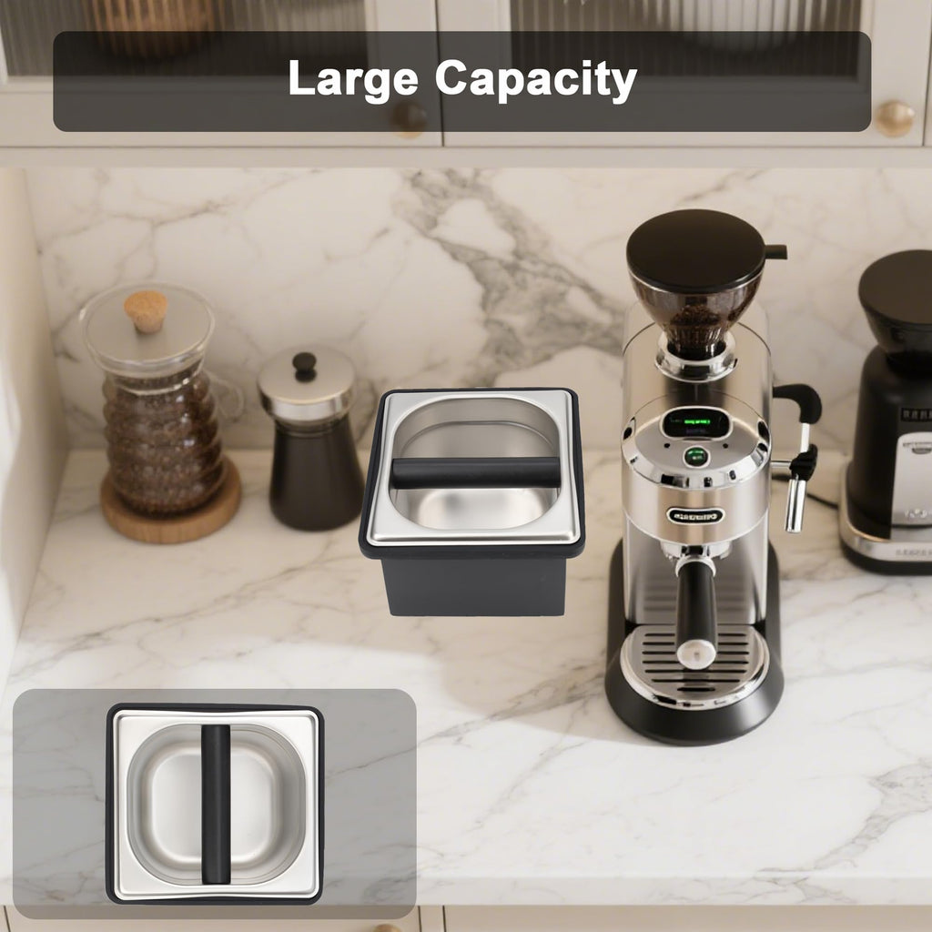 YURICK Espresso Knock Box, Coffee Knock Box for Espresso Grounds Disposal, Large Capacity, Equipped with Noise Reduction Rubber Ring & Steel Holder, Ideal Tool for Espresso Machines, Black (Small)