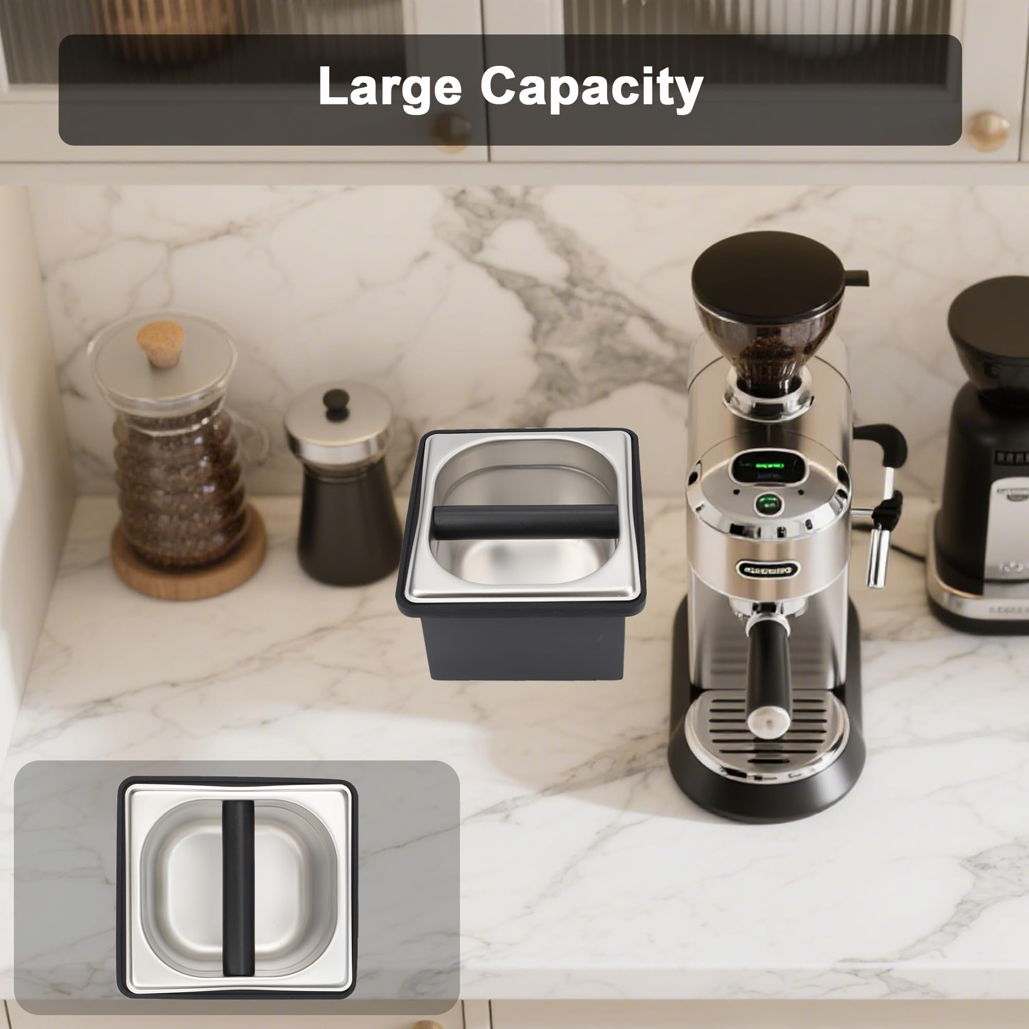 YURICK Espresso Knock Box, Coffee Knock Box for Espresso Grounds Disposal, Large Capacity, Equipped with Noise Reduction Rubber Ring & Steel Holder, Ideal Tool for Espresso Machines, Black (Small)