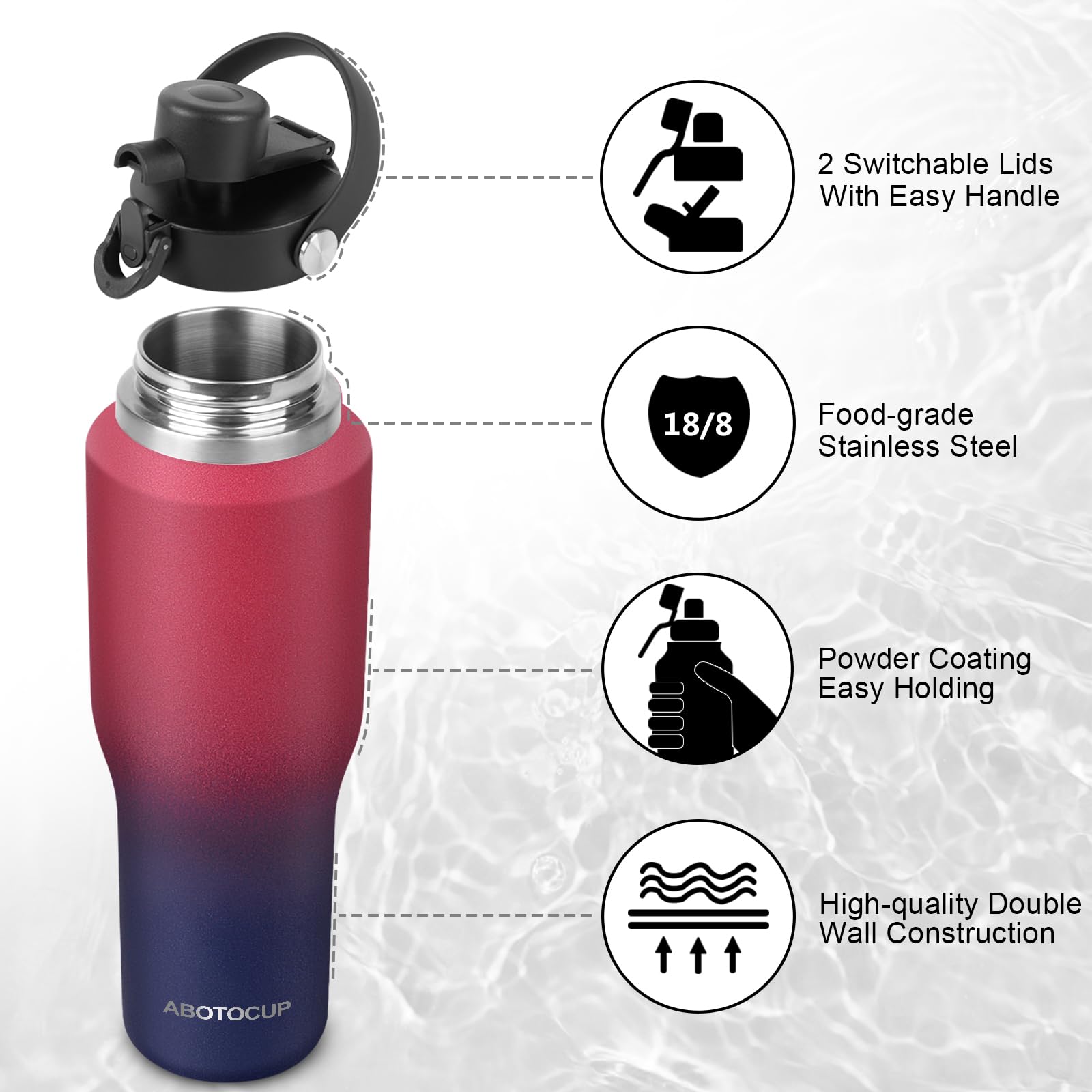 ABOTOCUP 32oz Water Bottle with Powder Coated, Fit in Any Car Cup Holder, Water Bottle with Straw Lids, Stainless Steel Insulated Water Flask Double Wall Leak-proof BPA Free to Keep Cold&Hot