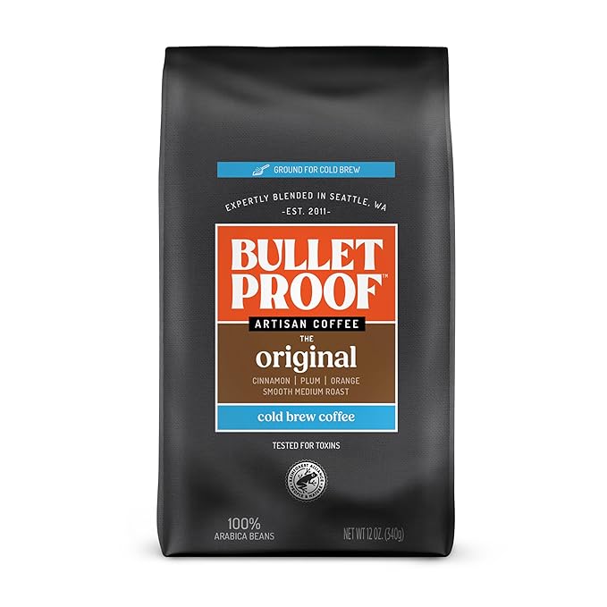 Bulletproof Original Medium Roast Ground Cold Brew Coffee, 12 Ounces, Clean and Tested for Toxins, Smooth Artisan Coffee Ground for Cold Brew Iced Coffee