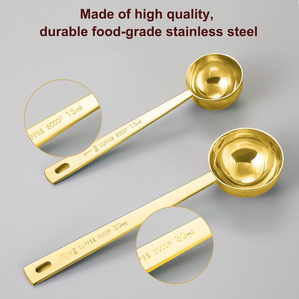 Safring Premium Coffee Scoop Set, Set of 2, Metal Stainless Steel Long Handle Coffee Scoop, Measuring Coffee Spoons Contains 1 Tablespoon (15 ml) and 2 Tablespoons (30 ml) Spoon-Gold