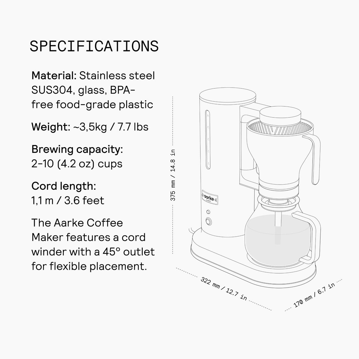 aarke Drip Coffee Maker with 42oz Glass Carafe, Stainless Steel