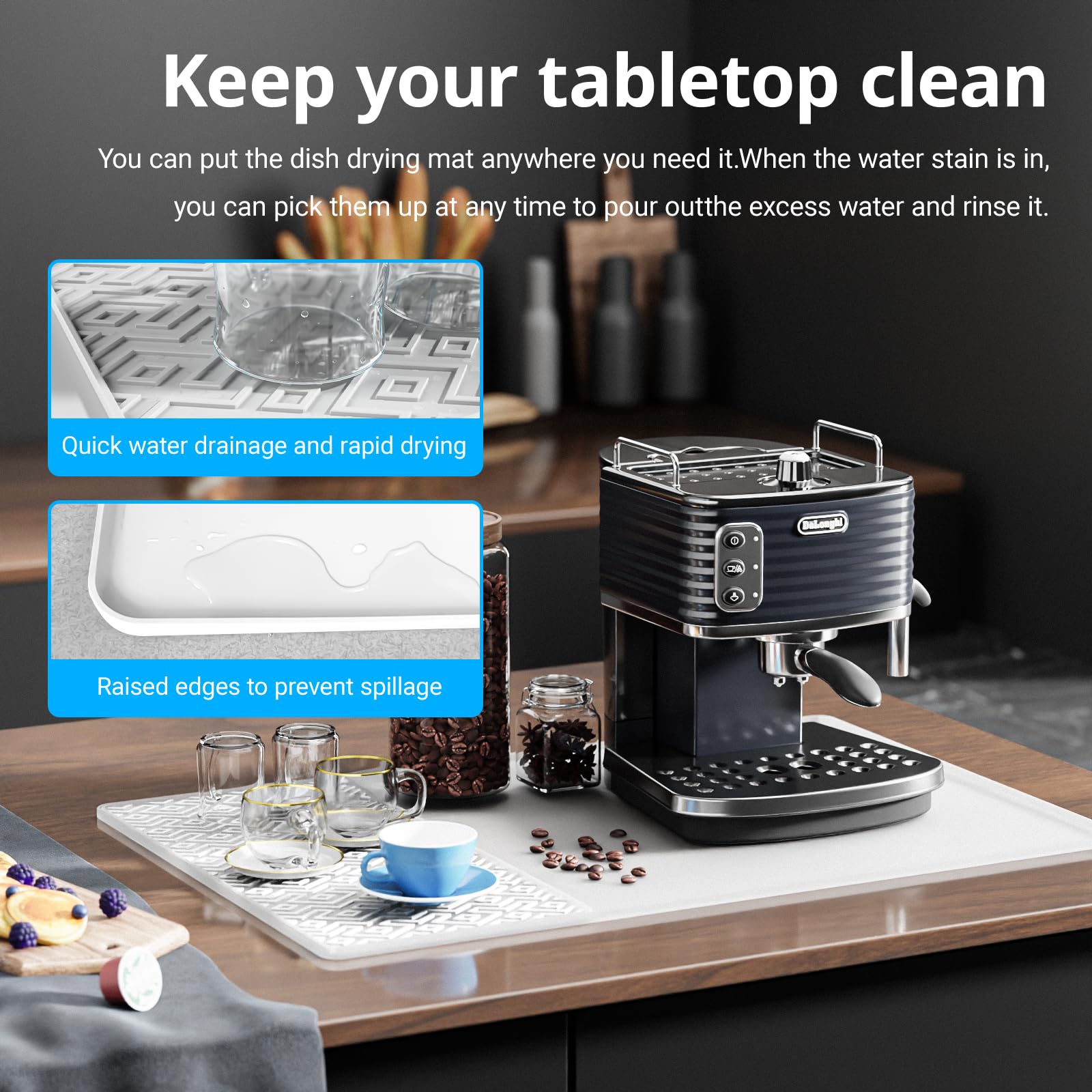 Silicone Coffee mat 24''x16'' – Non-Slip Bar Mat with Detachable Drying Layer for Espresso Machines, Countertops & Dish Racks
