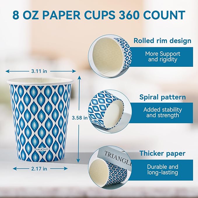 MUCHII 300 Count Paper Cups 8 oz, Disposable Drinking Cups for Party, Picnic, Travel, and Events