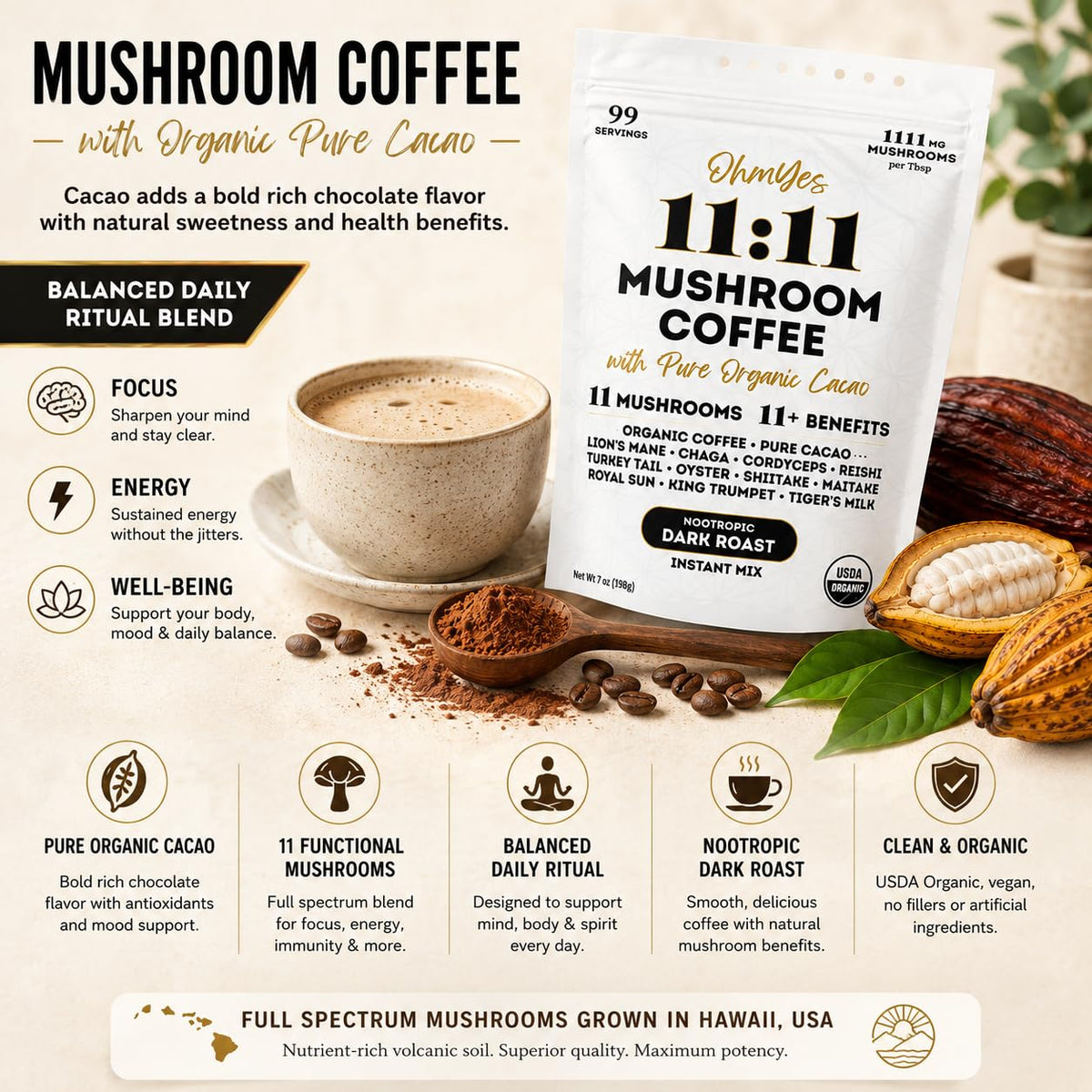 OhmYes Mocha Mushroom Coffee with Pure Cacao | Organic Mushroom Coffee, 11-Mushroom Blend (Lion’s Mane, Reishi, Chaga, Cordyceps) | Organic Instant Coffee, Cocoa Flavanols | Unsweetened | 7oz