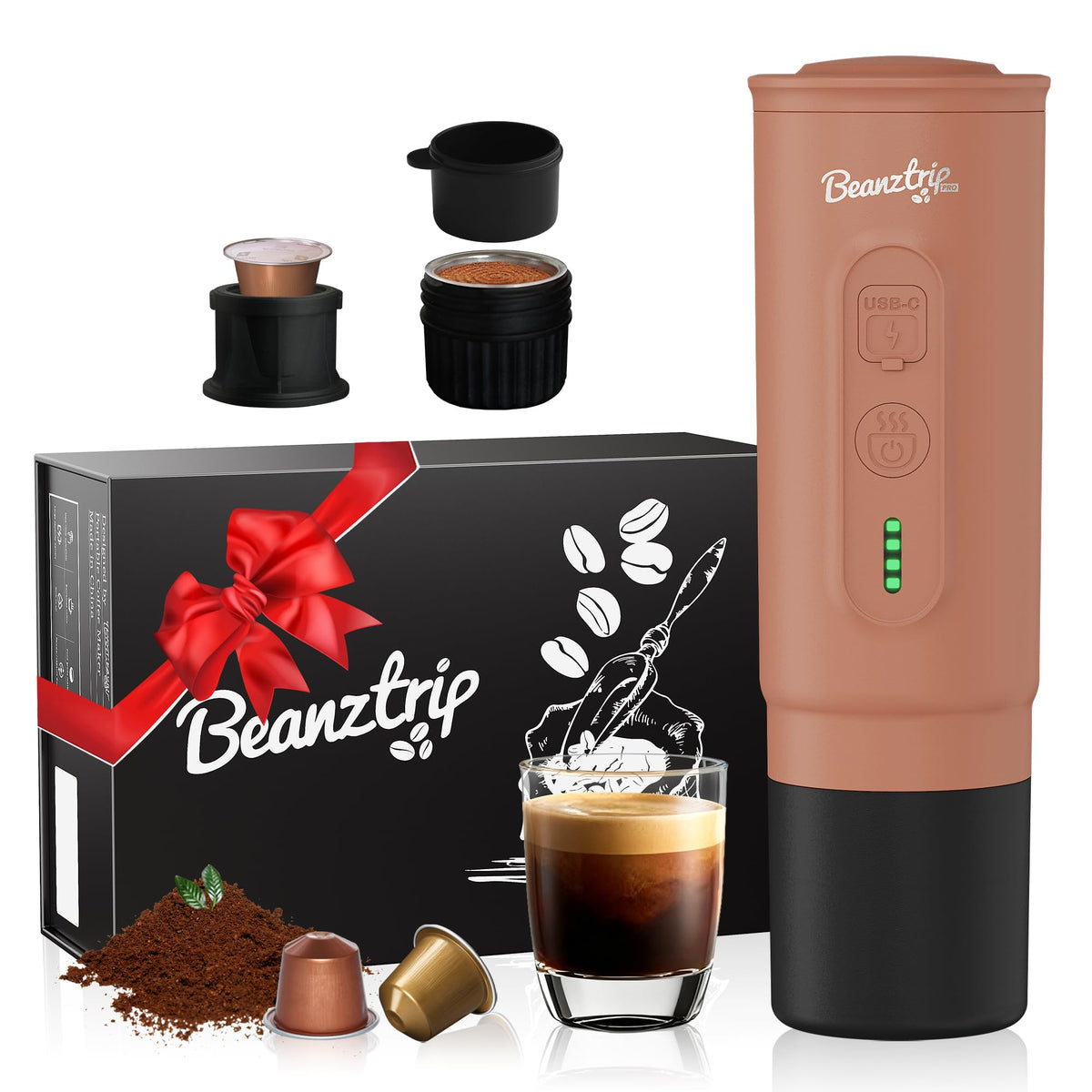 BeanzTrip H02 PRO Portable Espresso Maker, Mini Electric Coffee Maker Compatible with Ground Coffee & NS Capsule, 20 Bar Travel Espresso Machine with Self-Heating for Camping, RV