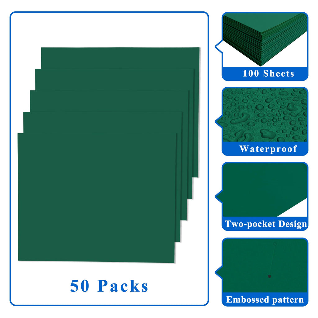 Zzrywuty File folders with Pockets,Green Two folders for documents,50 Pack Paper Folders with Card Slot,Letter Size,School Students,Business,Home and Office Workers