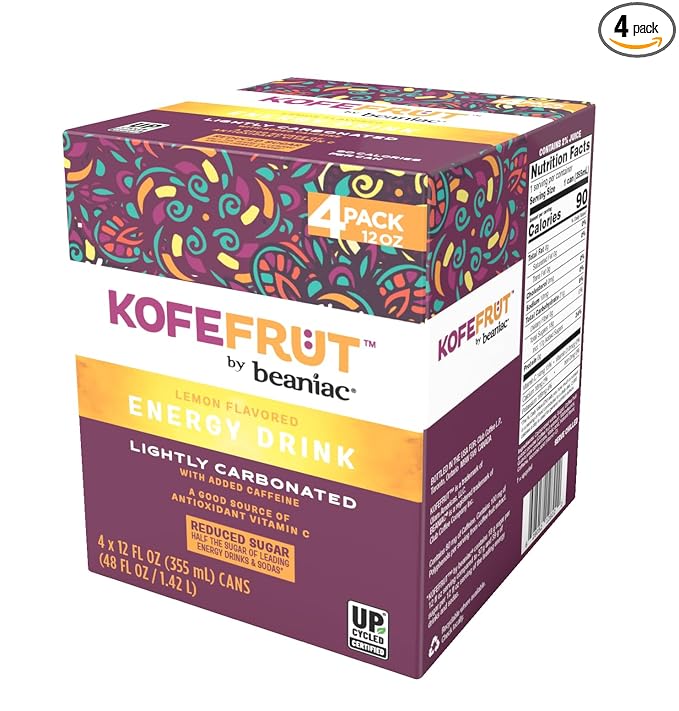 KOFEFRUT by beaniac Caffeinated Energy Drink, Lemon, Lightly Carbonated, Reduced Sugar, 80mg Caffeine, Polyphenols, Antioxidants, Vitamin C, 12 Fl Oz Can (Pack of 4)