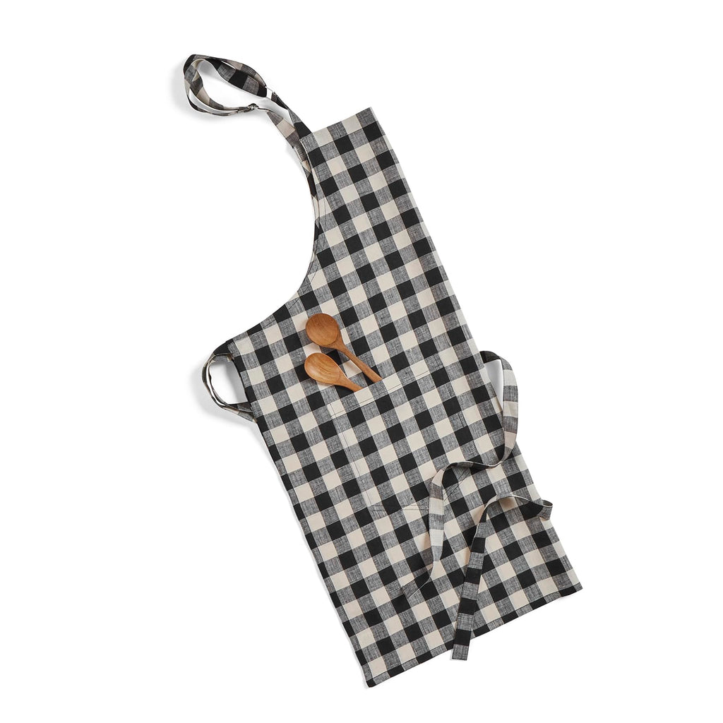 Solino Home 100% Pure Linen Apron, 33 x 30 in, Black and Cream, Bib Apron
