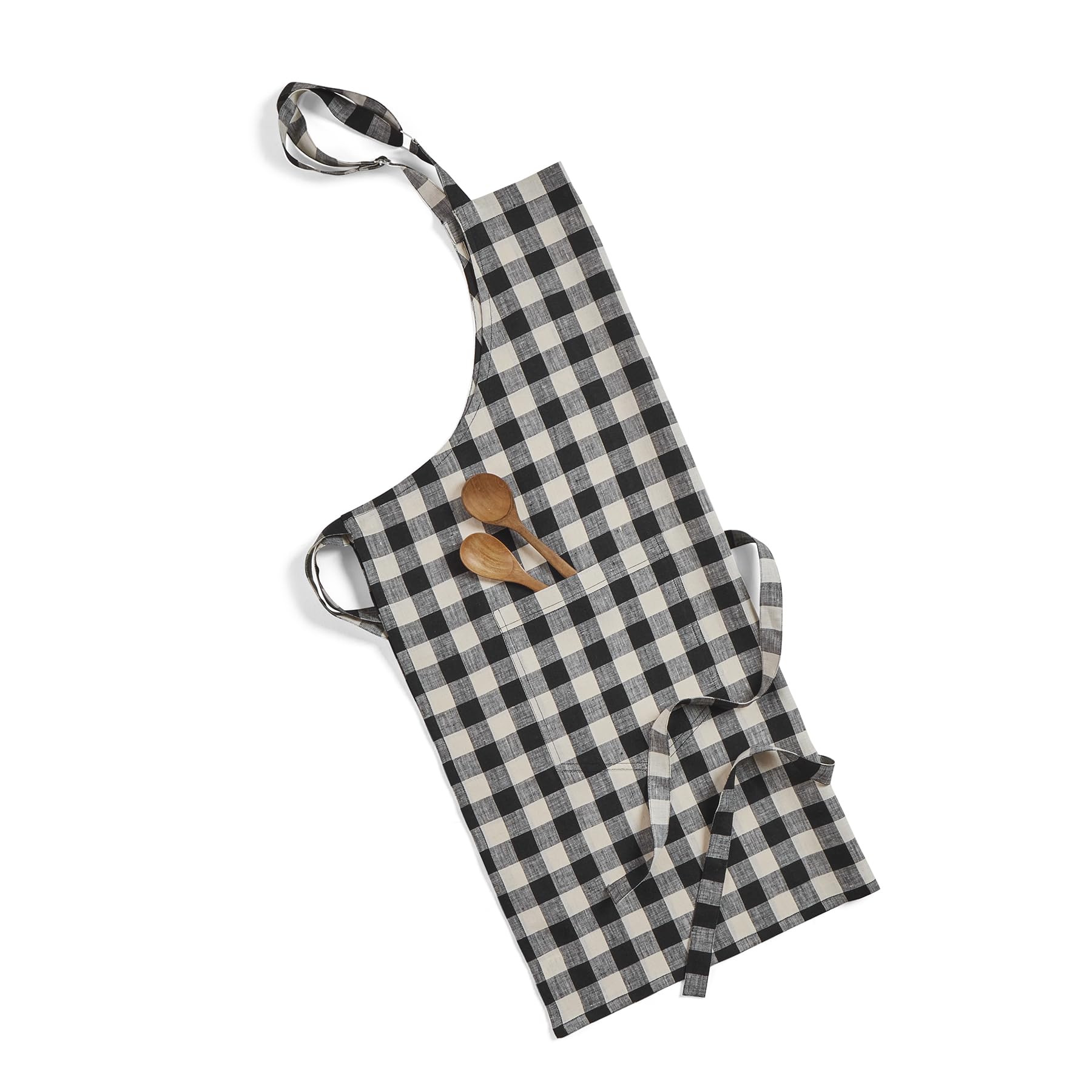 Solino Home 100% Pure Linen Apron, 33 x 30 in, Black and Cream, Bib Apron