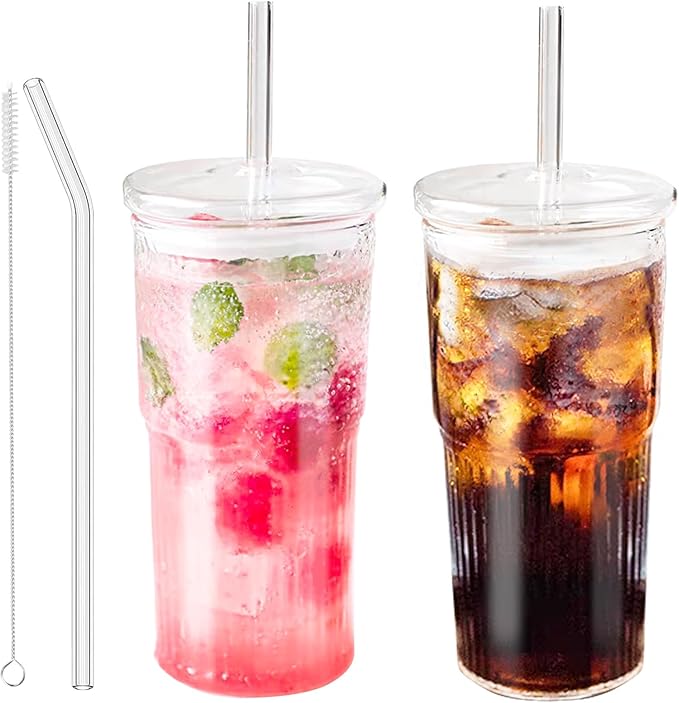 Glass Tumbler with Straw and Lid, 20 OZ Clear Iced Coffee Glasses Cups for Ice Water, Juice, Tea, Milk, Smoothie and Cold or Hot Drinks, Set of 2