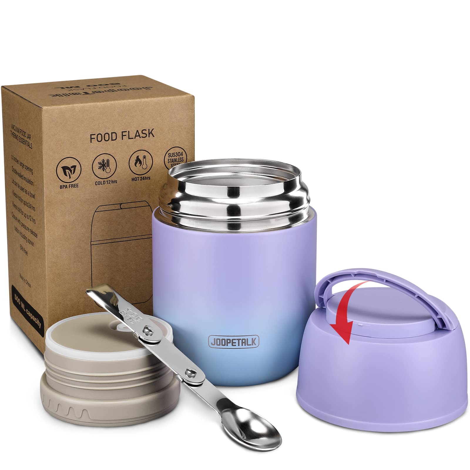 17 oz Insulated Lunch Containers Hot Food Jar, Wide Mouth Lunch Thermo for Hot Food Kids Adults, Vacuum Stainless Steel Thermo Lunch Box With Handle Folding Spoon for School, Office(Purple blue)