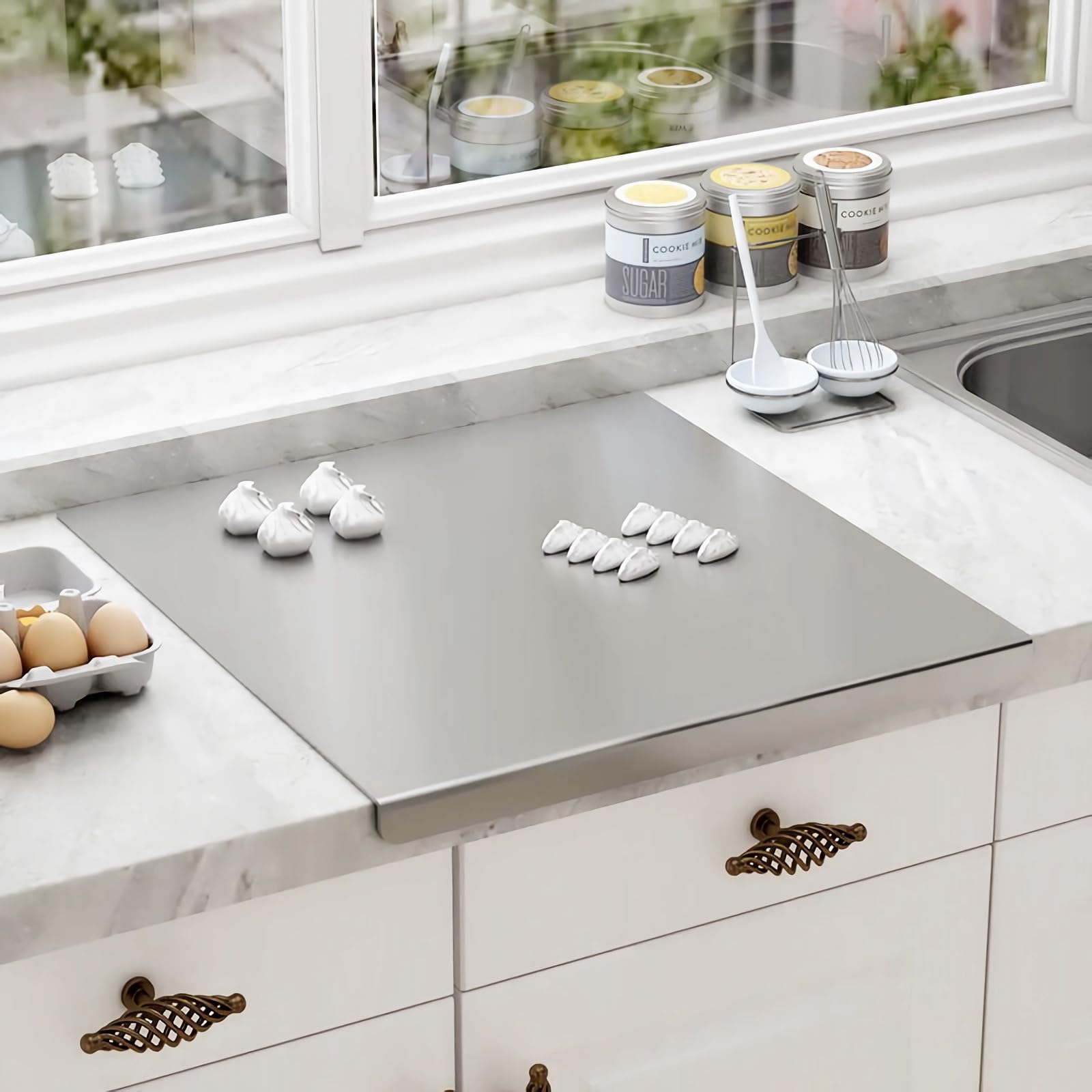 Stainless Cutting Boards for Kitchen, Chopping Board with Lip & Rolling Pin