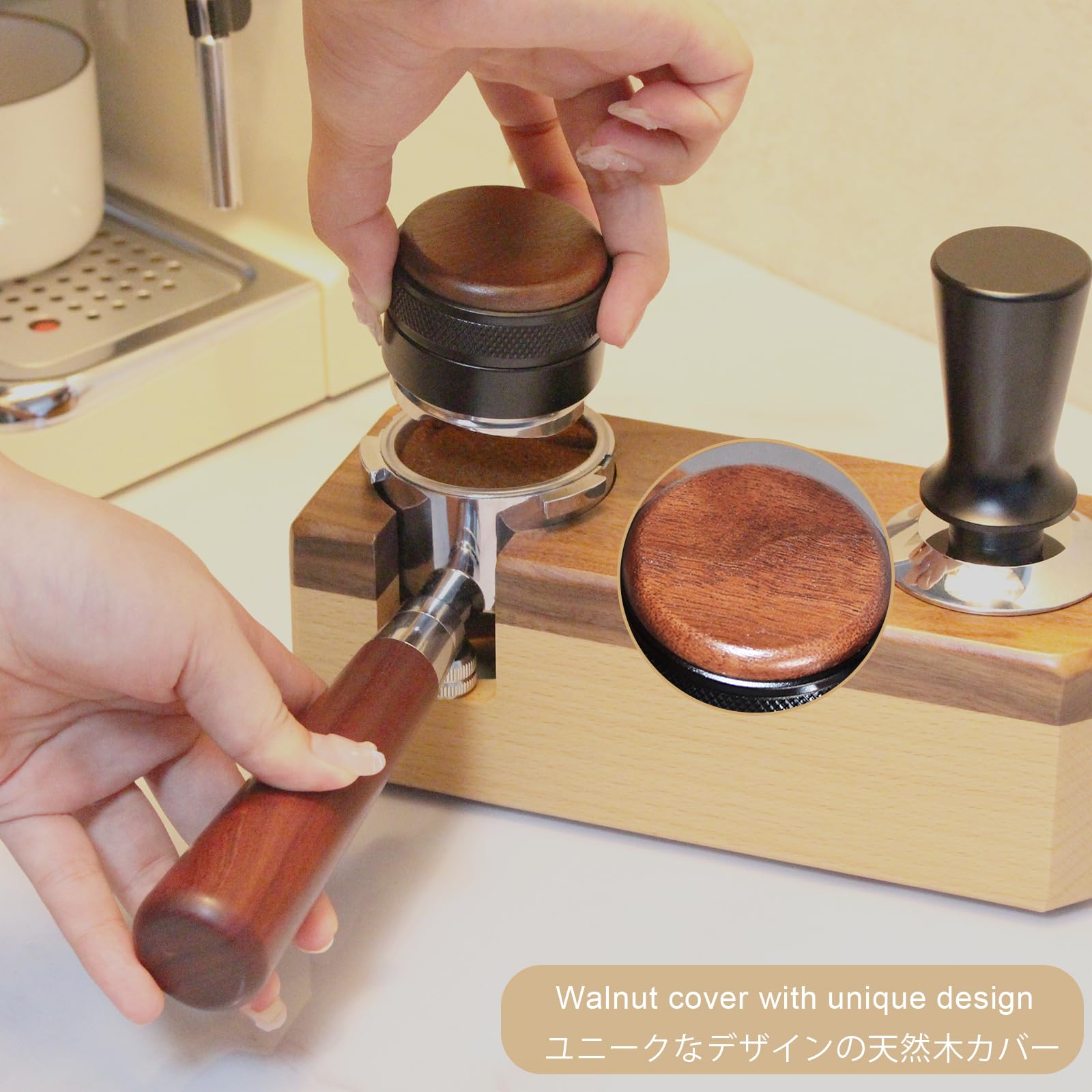 JOYONE Espresso Distributor Stainless Steel Coffee Distribution Tool,Adjustable Depth Espresso Distributor Leveler with Walnut Wood,3 Angled Slopes Adjustable Palm Espresso Distributor Tool