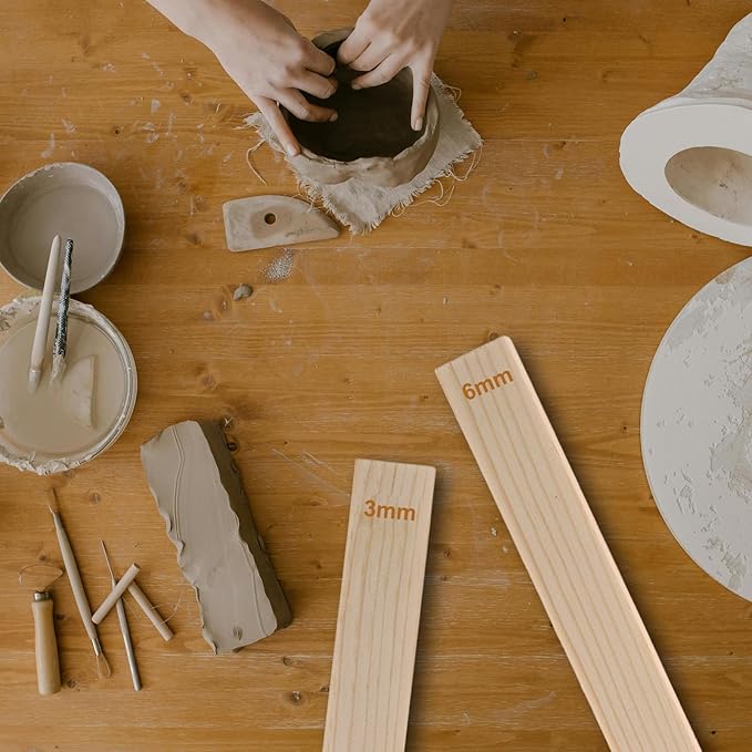 MECCANIXITY 8Pcs Pottery Teaching Rolling Mud Stick Guides, 13" x 0.8" Wood Clay Roller 4 6 8 10mm Thick Ceramic Tools Strips Rolling Guides for Clay Thickness DIY Craft