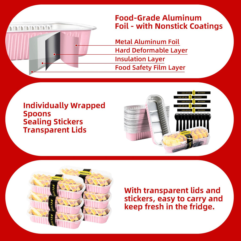 Orlashop Mini Loaf Pans with Lids and Spoons Sealing Sticker,6.8oz Cake Pans for Baking Disposable Aluminum Foil Pink/Red cake pan (30, Pink)