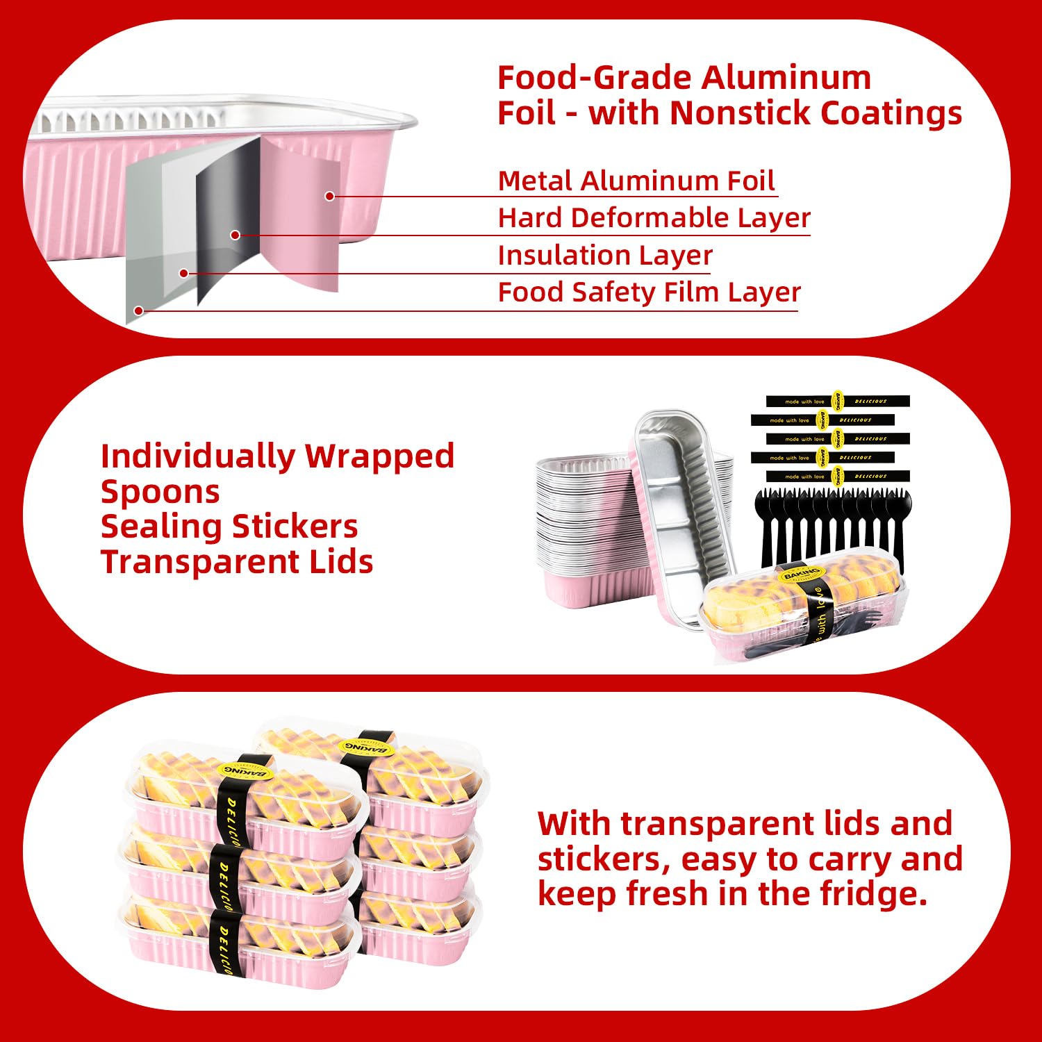 Orlashop Mini Loaf Pans with Lids and Spoons Sealing Sticker,6.8oz Cake Pans for Baking Disposable Aluminum Foil Pink/Red cake pan (30, Pink)