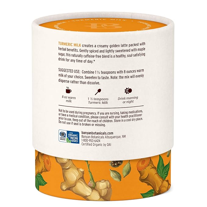 Banyan Botanicals Turmeric Milk – Organic Turmeric Latte Mix with Ashwagandha & Cardamom – Instant Caffeine Free Golden Milk with Maple Sugar – 4.3 oz, 26 servings –Non GMO Sustainably Sourced Vegan