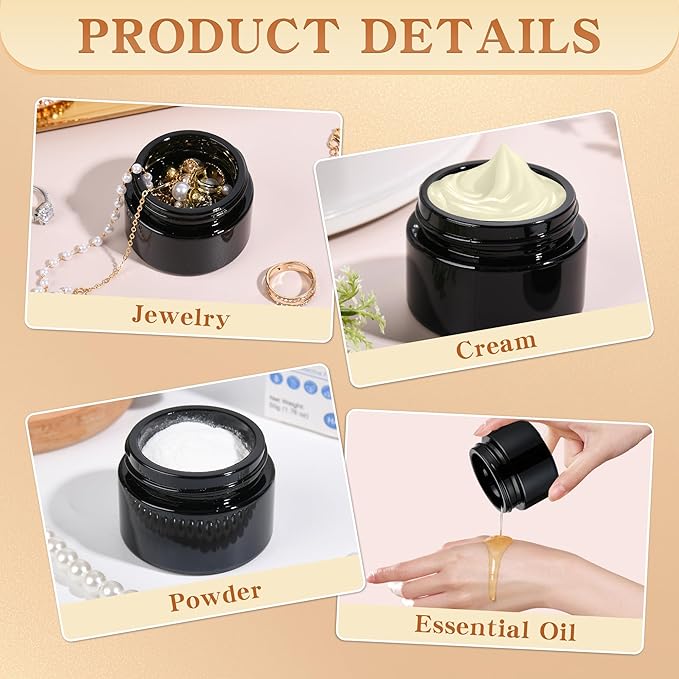 Glass Jars with Lids,Eco-Friendly Cosmetic Containers with Airtight Black Lids & Liners, Multi-Color Options for Cream, Lotion, Body Butter, DIY Skincare Travel Jars (Black, 1oz)