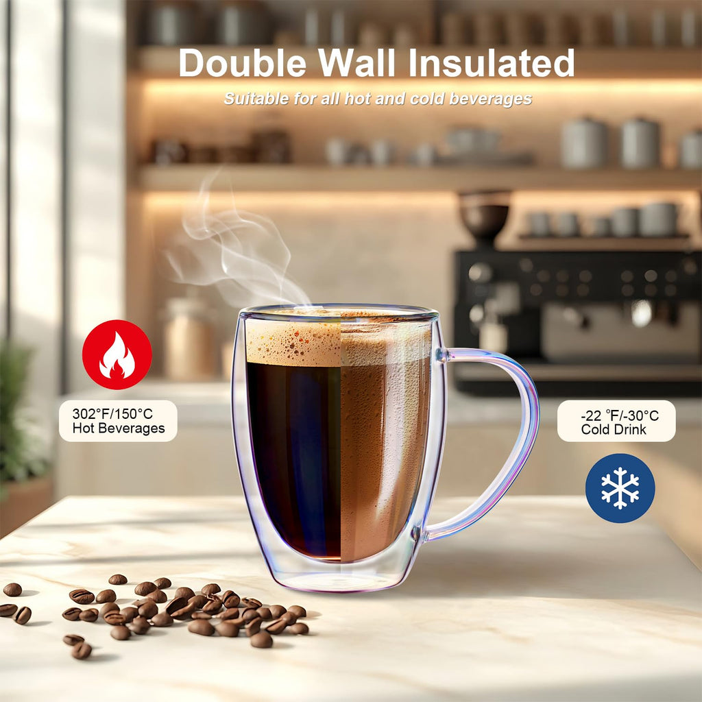 GOROGILE Double Walled Glass Coffee Mugs 12 OZ, Set of 2 Iridescent Glass Cups With Handle Perfect for Espresso, Cappuccino, Latte, Americano, Tea Bag, Beverage