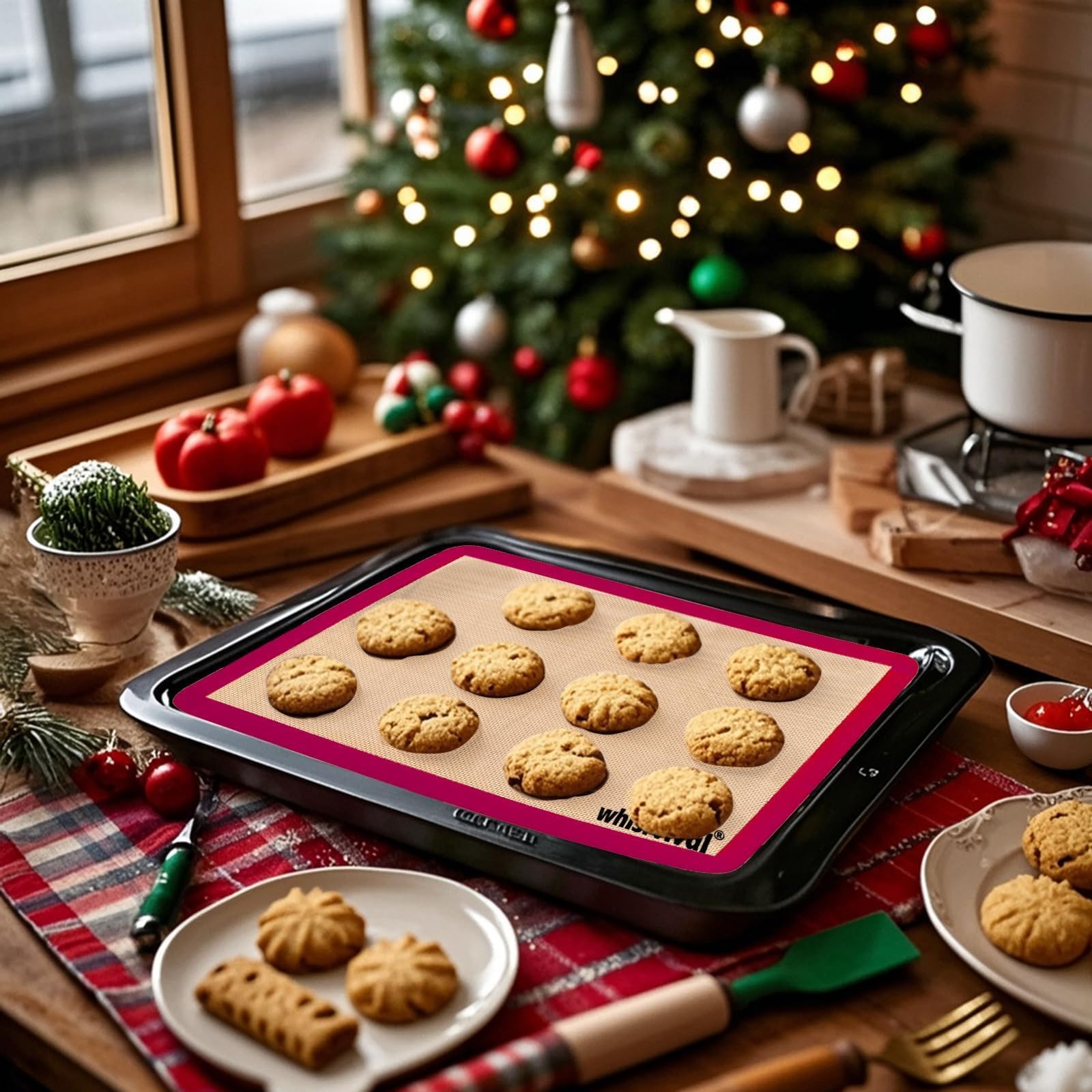 whisrvival Silicone Baking Mat, 2 colors Half Sheet(16.5"x11.6") Non-Stick Baking Mat, Food Safe Silicone Mats for Baking Cookies, Macarons, Vegetables, 480℉ Heat Resistant (Deep Raspberry & Amber)