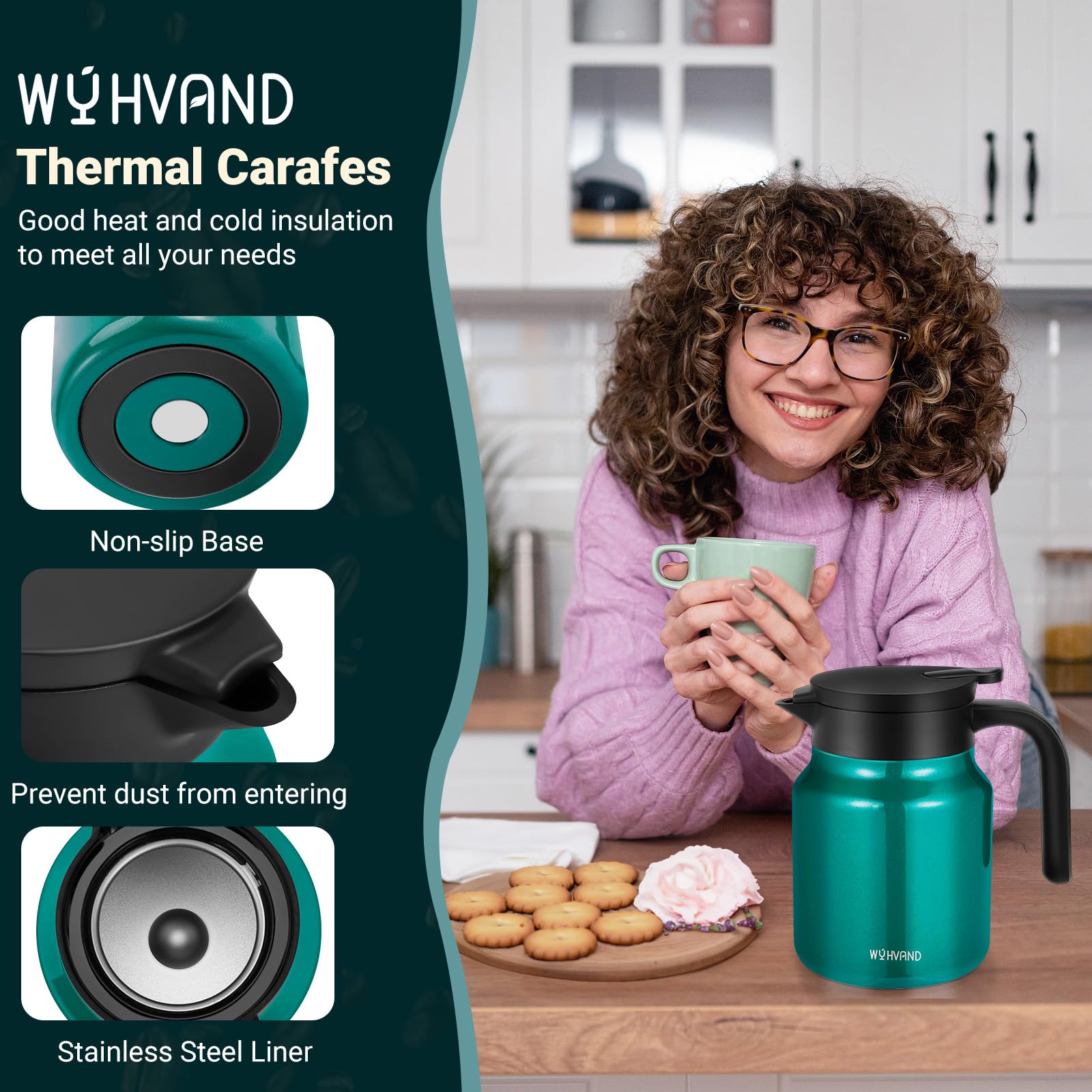 WYHVAND Insulated Coffee Carafe, 34 oz, Keeps Hot for 12H, Agave Teal