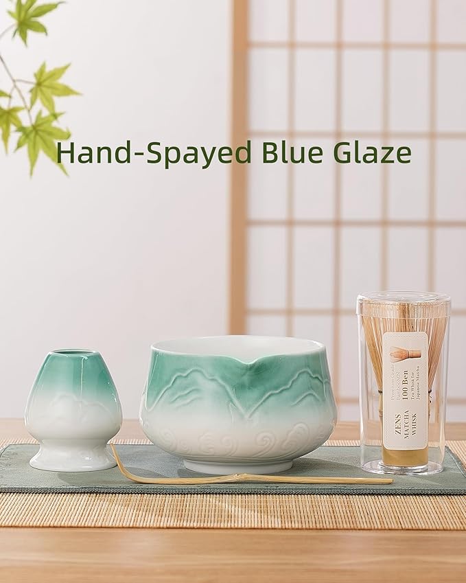 ZENS Matcha Whisk Set, Ceramic Matcha Set Includes Matcha Bowl, Matcha Whisk and Holder, Bamboo Scoop & Tea Towel - 5Pcs Matcha Kit for Matcha Ceremony, Blue
