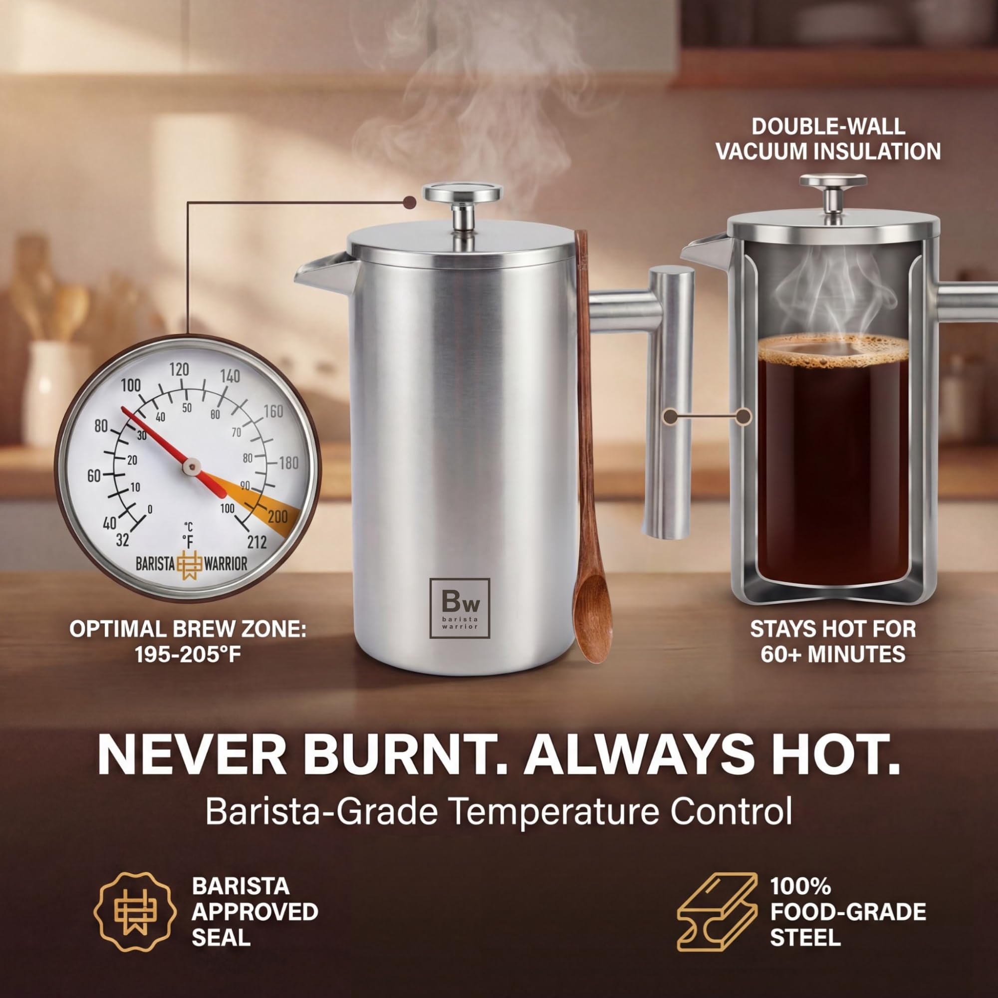 Barista Warrior French Press Coffee Maker - Double-Wall Stainless Steel Insulated French Press with Built-In Thermometer, Dual Filters Coffee Maker with Wooden Spoon - Silver
