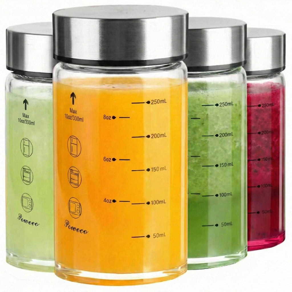 poweco Glass Juice Bottles 4 Pack 10 oz - Wide Mouth Glass Water Bottles with Lids - for Juicing, Protein, Smoothie, Milk, Reusable, BPA Free, Stainless Steel Lids, Blender, Shaker Bottle [300ml]