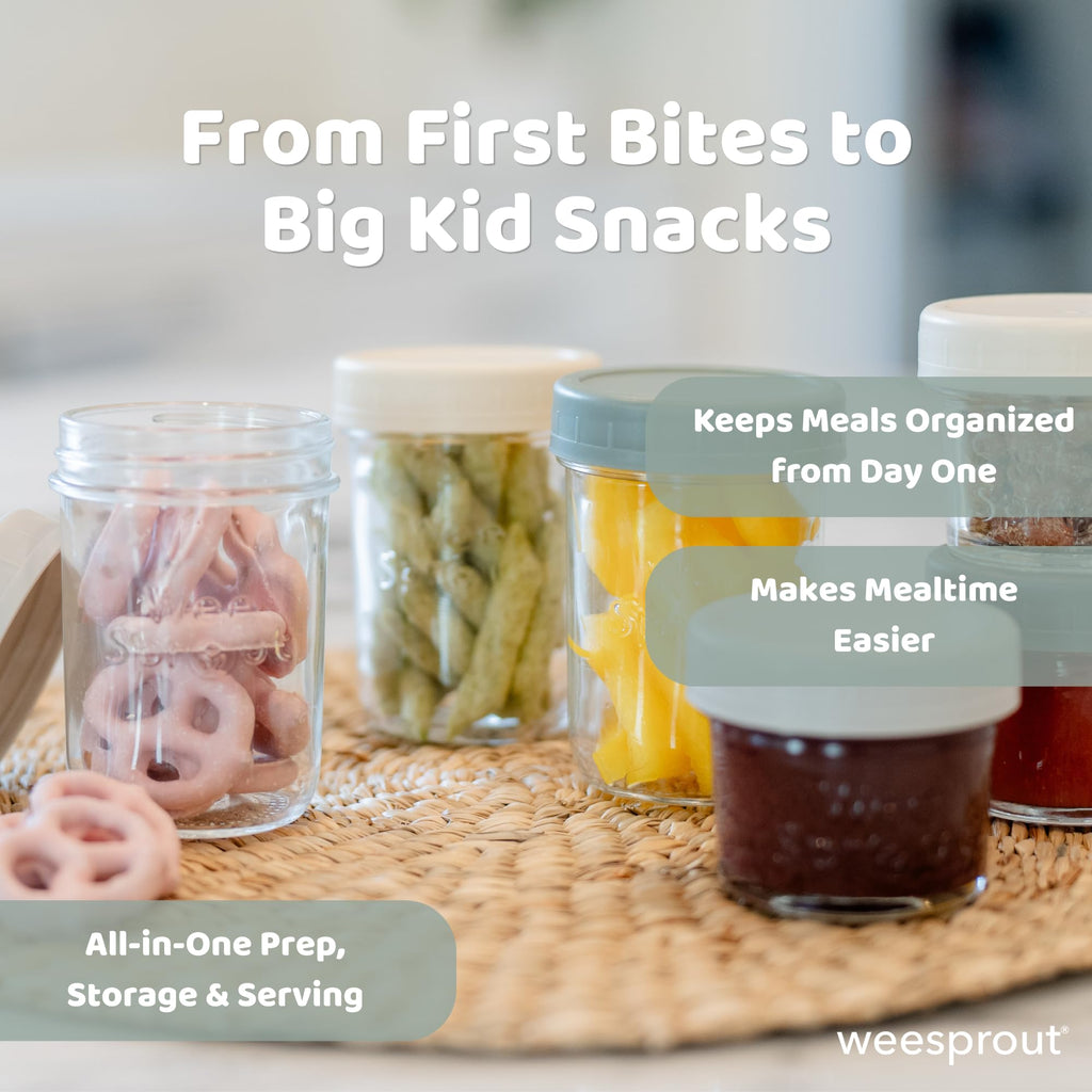 WeeSprout Glass Baby Food Storage Jars w/Lids (8 oz, 8 Pack Set) Snack, Puree, Reusable Small Containers, Breast Milk, Fridge or Freezer, Microwave & Dishwasher Safe, Essential Must Have for Infants