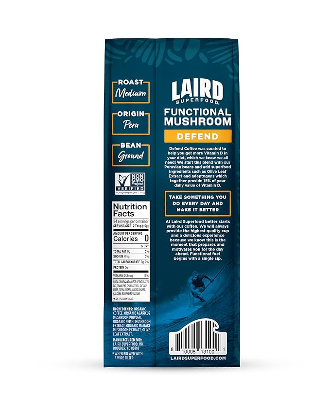 Laird Superfood Boost Coffee, Medium Roast Ground Beans Infused with Functional Mushrooms, Vitamin D and Olive Leaf Powder, 12 oz. Bag (Pack of 2)