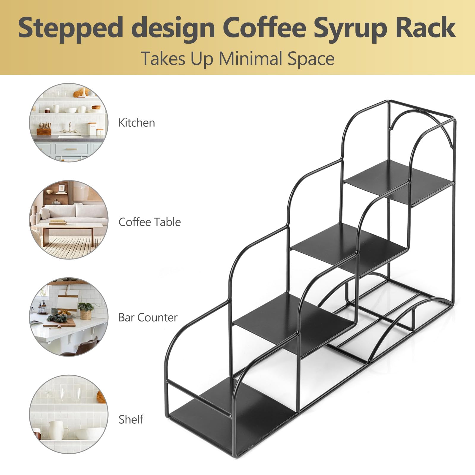 Syrup Rack for Coffee Bar Accessories, Iron 4 Compartment Bottle Organizer, Countertop Display Storage Shelf Bottle Stand, Metal Coffee Bar Organizer for Wine, Kitchen, Holds 4 Bottles