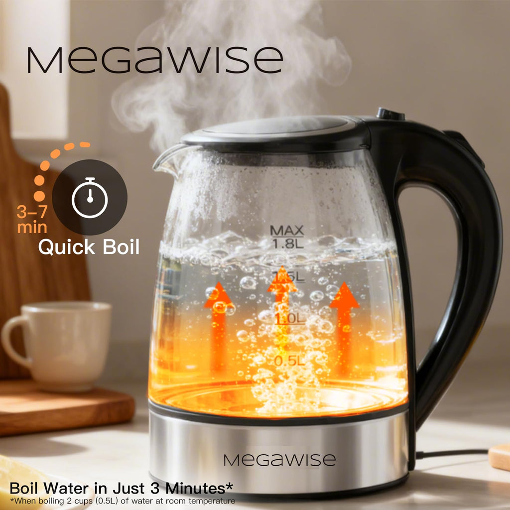 MEGAWISE 1.8L Electric Glass Kettle with Auto Shut-Off and Blue LED