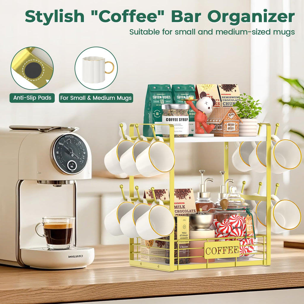 EsLuker.ly Coffee Mug Cup Holder Tree Bar Station Organizer, 2 Tier Gold