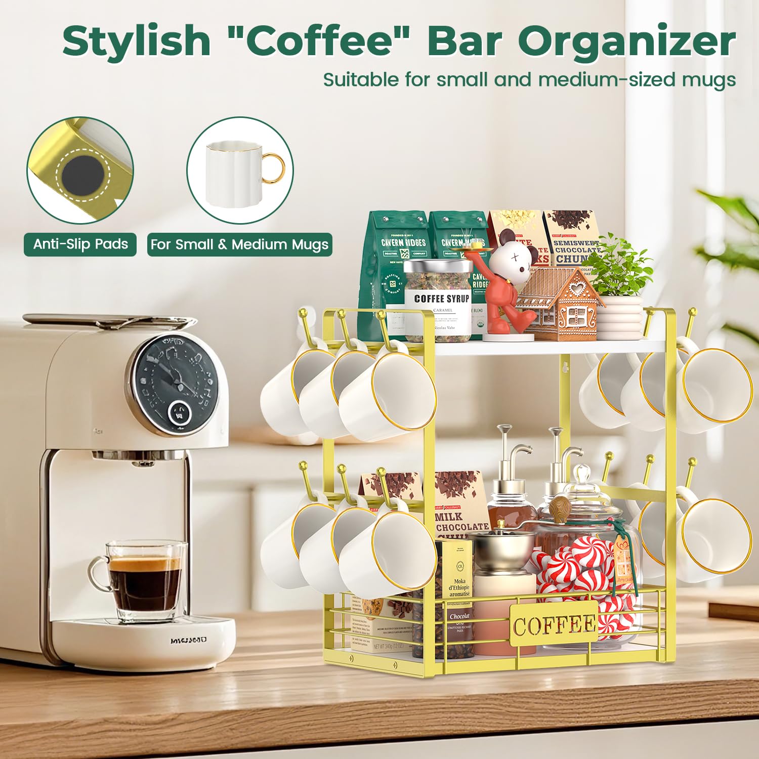 EsLuker.ly Coffee Mug Cup Holder Tree Bar Station Organizer, 2 Tier Gold