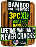 LUXURIOUS Bamboo Cutting Board 3-Piece Set with Carbonized Vertical Grain Strength Technology - Extra Large Wooden Cutting Boards for Kitchen with Deep Juice Grooves - Lifetime Replacements