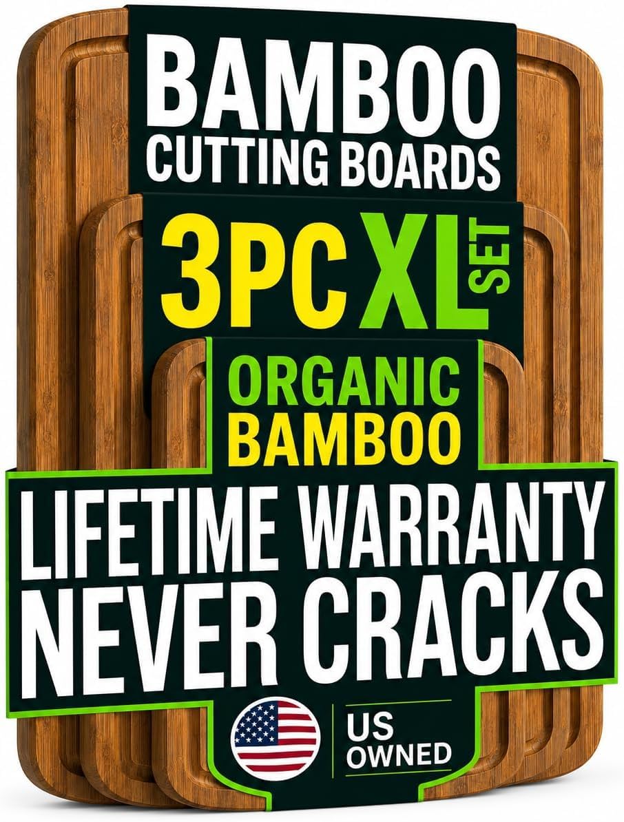 LUXURIOUS Bamboo Cutting Board 3-Piece Set with Carbonized Vertical Grain Strength Technology - Extra Large Wooden Cutting Boards for Kitchen with Deep Juice Grooves - Lifetime Replacements