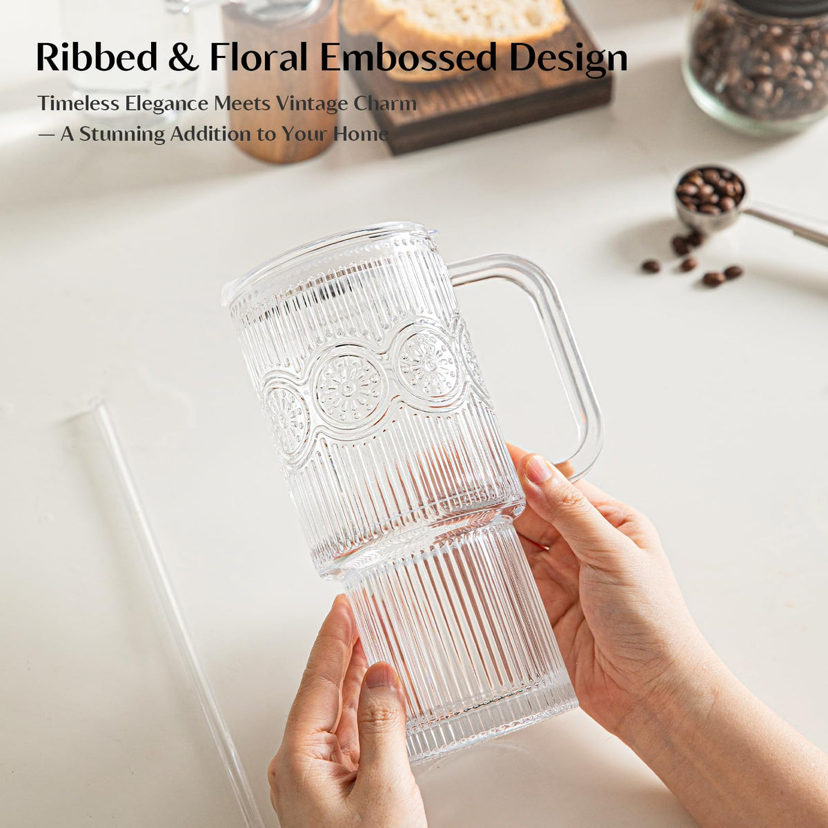 INSETLAN 24 oz Ribbed & Floral Glass Tumblers with Handle, Set of 2 Cups