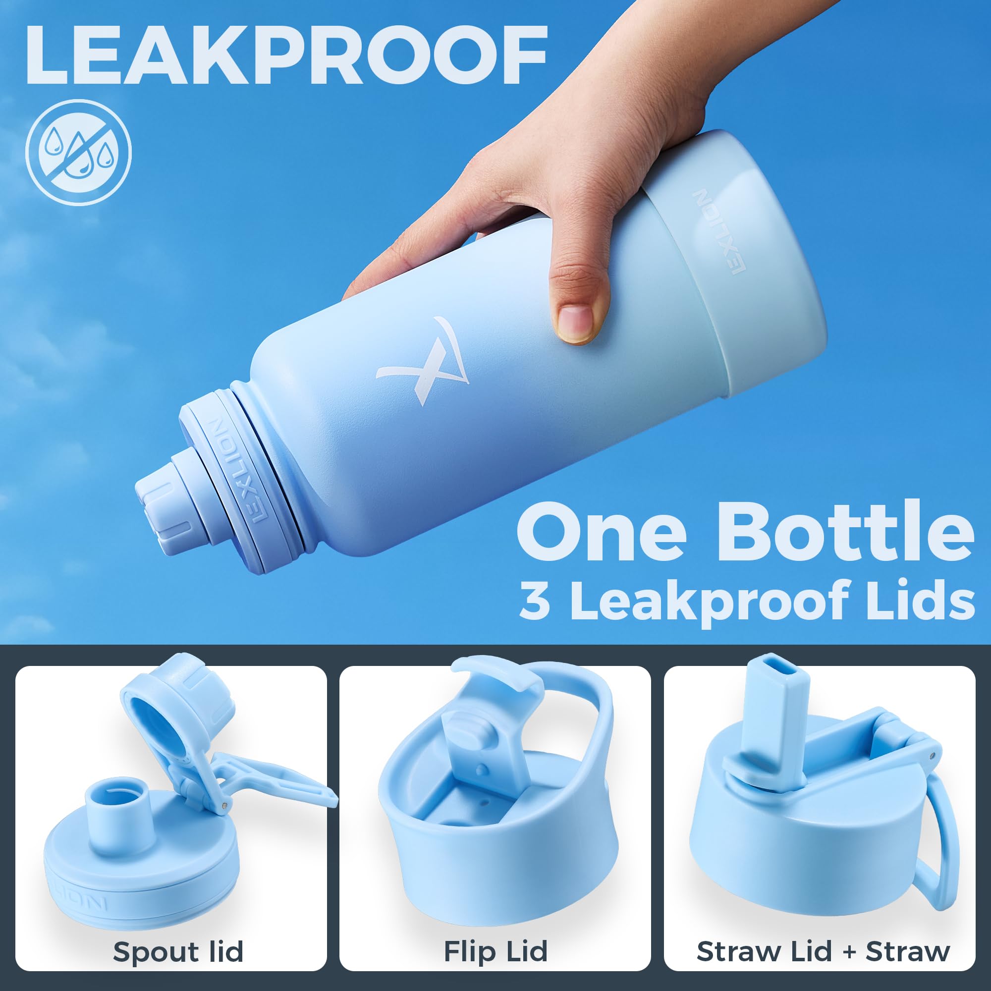 Lexlion Tea Infuser Water Bottle 32 Oz – Triple Wall Insulated Stainless Steel, Loose Leaf & Fruit Strainer, 3 Leakproof Lids, BPA-Free Silicone Sleeve, Reusable Thermal Mug