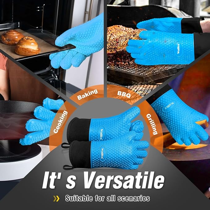 Walfos Silicone BBQ Gloves - Heat Resistant Grilling Gloves, Premium Non-Slip Kitchen Silicone Oven Mitt with Protective Cotton Layer Inside, Waterproof, Great for Grilling, Kitchen and Cooking, Blue