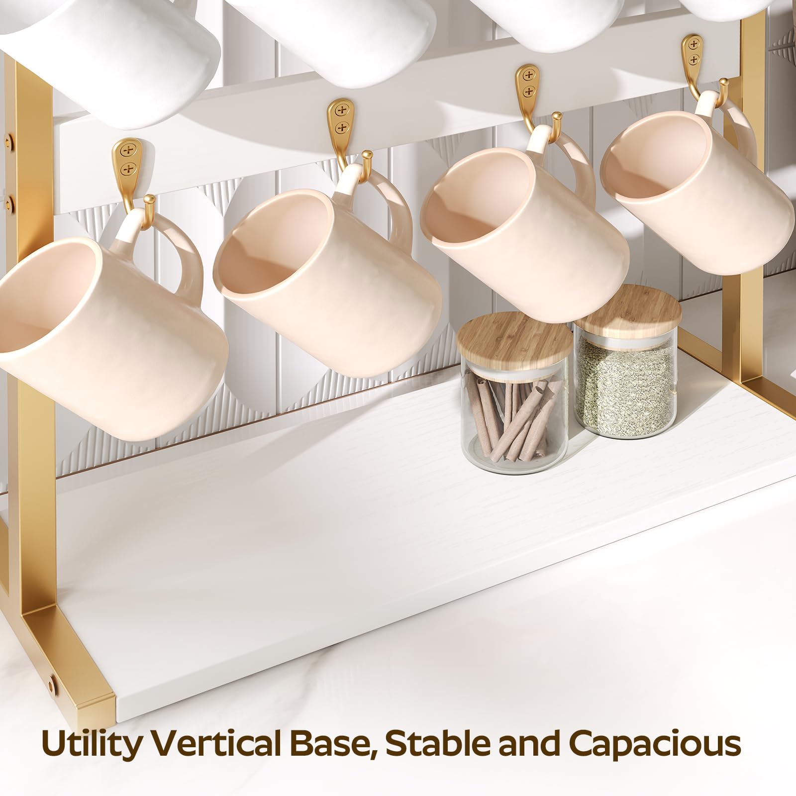 YATINEY Coffee Mug Holder for Counter, 2 Tier Mug Tree Rack, with 8 Hook and 2 Open Shelves, Vintage Mug Holder Stand for Home Kitchen, White and Gold MH43DW