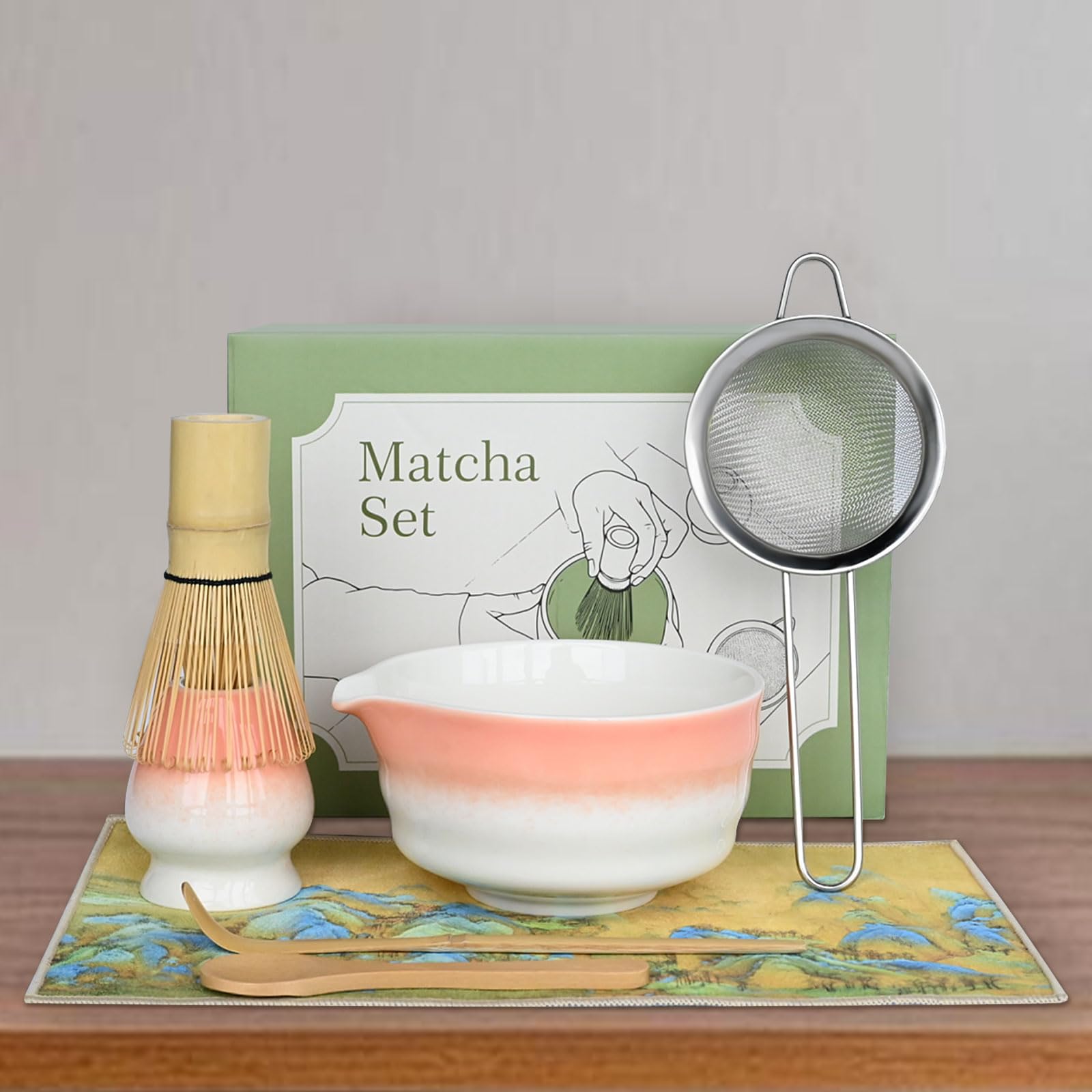 Pink Matcha Whisk Making Set - Japanese Tea Kit with Whisk Bowl and Bamboo Scoop Ceramic Chawan with Spout for Traditional Tea Ceremony Complete Matcha Making Tools Gift for Tea Lovers (Pink, 7 PCS)