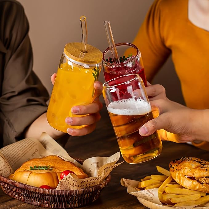 16 Oz Drinking Glasses with Bamboo Lids and Glass Straw - 6 Pcs Glass Cups Beer Ice Coffee Glasses Cute Aesthetic Cup Great for Coffee Bar Accessories Include 2 Cleaning Brushes