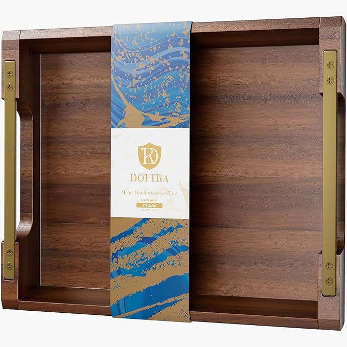 Acacia Wood Serving Tray with Metal Handles, 17x13in Large Ottoman Tray, Food Drinks Tray for Coffee Table, Breakfast, Dinner & Bar, Rustic Decorative Tray for Kitchen, Bedroom Gift Box